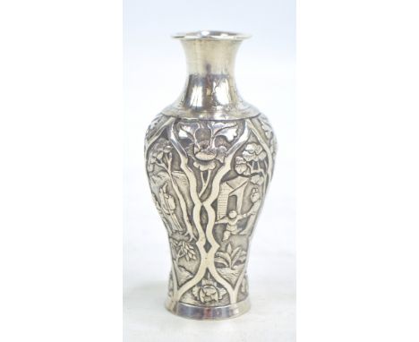 HUNG CHONG (possibly); a small late 19th/early 20th century Chinese Export silver baluster vase with flared rim, decorated wi