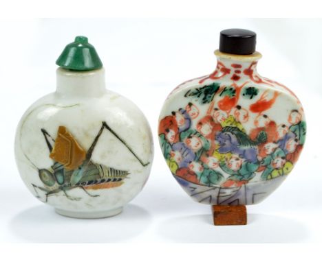 A 19th century Chinese porcelain snuff bottle of squat globular form, finely painted in enamels with grasshopper to one side 