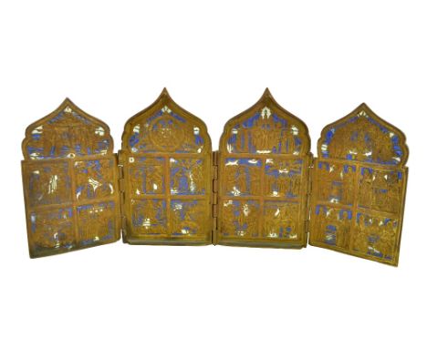 A 19th century Russian brass and enamel four panel travel icon, width 40cm.