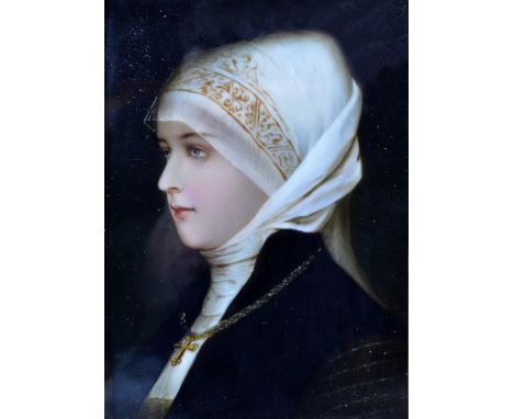A porcelain plaque finely painted with portrait of a lady wearing a cross after Friedrich August Von Kaulbach, unsigned, pape