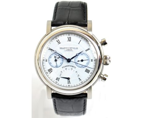 BELGRAVIA WATCH CO; a gentleman's stainless steel circular wristwatch, the white enamel dial set with subsidiary dials, inscr