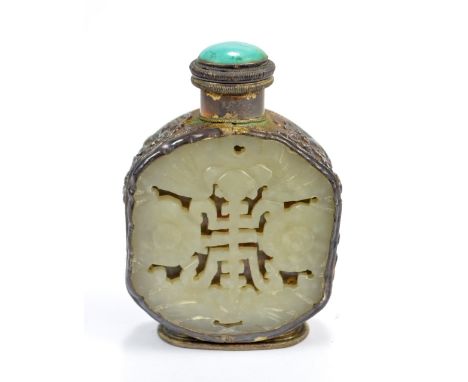 A Chinese white metal snuff bottle of flat oval form set with a carved pale jade panel to each side depicting a longevity cha