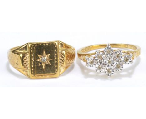 A 9ct yellow gold signet ring set with tiny diamond, and a 9ct yellow gold floral set dress ring, sizes R and N 1/2, approx 7