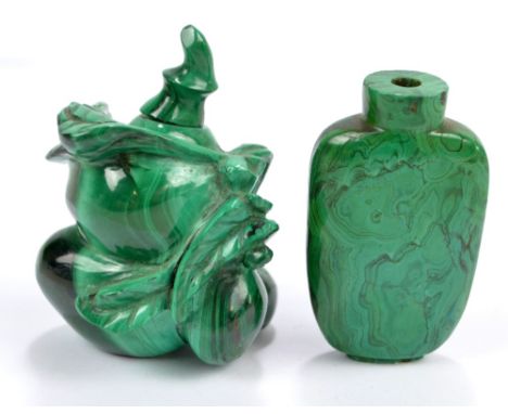 A Chinese carved malachite snuff bottle modelled as a double gourd vase with fruit with leaves, height 6.5cm, and a further p