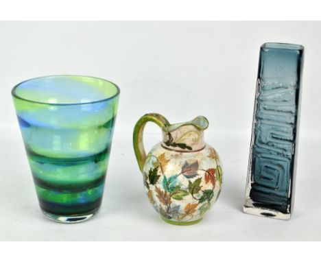 A Whitefriars rectangular tapering vase, height 26.5cm, an unmarked green and blue circular vase and a floral decorated ceram