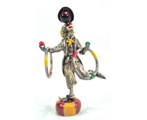 An Italian Sorini 925 silver and enamel juggling clown with two hoops, with stamped marks, height 11.5cm. CONDITION REPORT: S