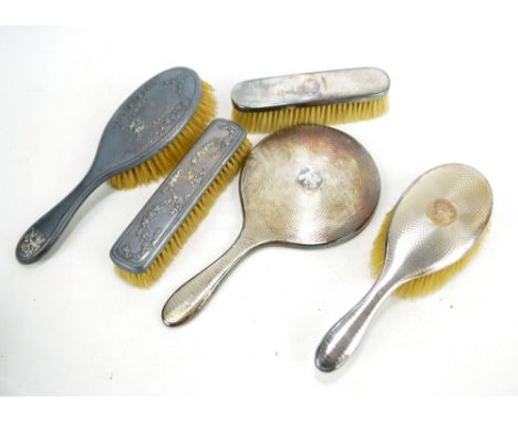 CHARLES HENRY DUMENIL; a George V hallmarked silver mounted three piece engine turned dressing set with engraved initials 'AP