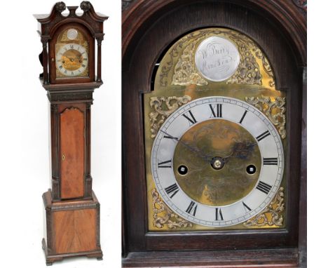 W BERRY OF MINEHEAD; a 19th century mahogany eight day longcase clock of small proportions, with floral carved broken swan ne