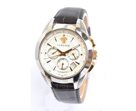 VERSACE; a gentleman's stainless steel automatic wristwatch with triple subsidiary dials, date aperture and visible movement 