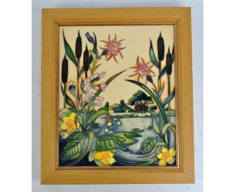 MOORCROFT; a tubeline decorated wall plaque with bulrushes and a lake by Nicola Slaney, numbered 41, impressed marks to under