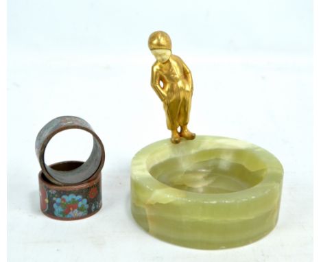 An Art Deco green onyx circular pin dish/ashtray with mounted gilt metal figure, diameter 12cm, and a pair of cloisonné ename