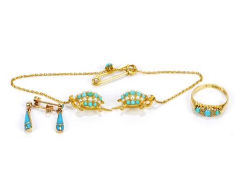 A group of jewellery comprising an 18ct yellow gold, diamond and turquoise ring, size M, a pair of 9ct yellow gold turquoise 