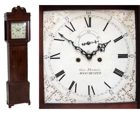 GEORGE THOMAS OF MANCHESTER; a mahogany inlaid and crossbanded longcase clock, with shaped pediment above scroll painted enam