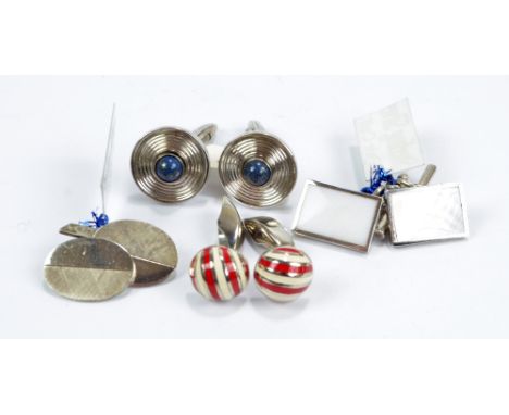 Four pairs of silver cufflinks including red and white enamel striped examples, target examples and two others.
