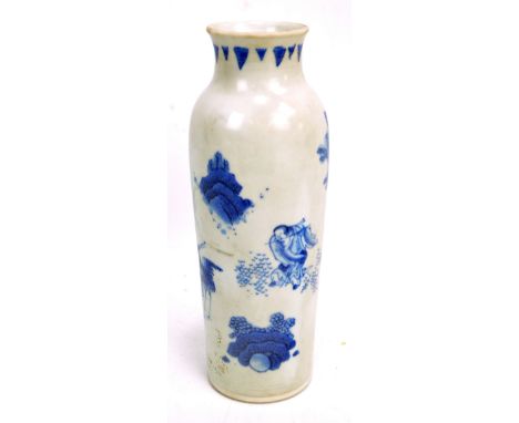 A Chinese porcelain sleeve vase painted in underglaze blue with a villager and crane in mountainous landscape and with invert