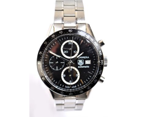 TAG HEUER; a gentleman's stainless steel 'Carrera' wristwatch with black dial, three subsidiary dials, black bezel and date a