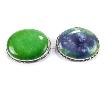 CHARLES HORNER; an Edward VII hallmarked silver framed jade coloured glazed porcelain brooch, possibly Ruskin, and a further 