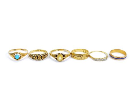 Two 18ct yellow gold rings, one set with oval cut yellow stone in claw setting, size S 1/2, the other with graduated seed pea
