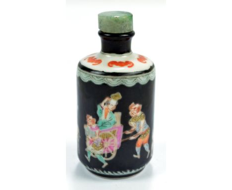 A 19th century Chinese Famille Noire porcelain cylindrical snuff bottle decorated with various figural scenes and with band o