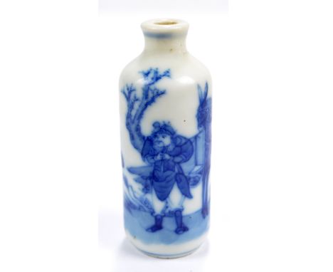 A 19th century Chinese porcelain cylindrical snuff bottle painted in underglaze blue with men and horse beside tree, with fra