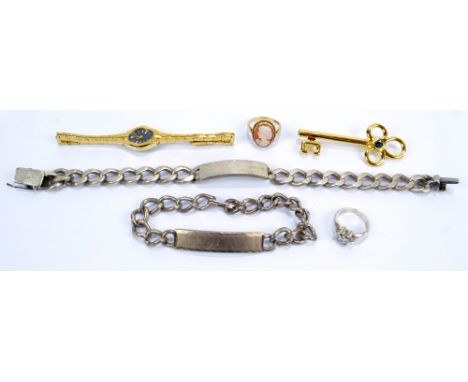 A 9ct shell cameo ring, two silver heavy link bracelets, a dress ring, lady's watch and brooch (6).