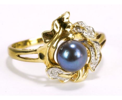 A 14ct yellow gold, dyed cultured freshwater pearl and diamond chip leaf motif ring, size P, approx 2.7g.