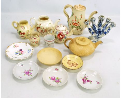 A group of 18th century and later English ceramics including a Leeds teapot with inscription, length 19cm (lacking cover), an
