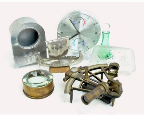 A Henry Barrow & Co of London sextant, a modern desktop weather station and clock, a brass mounted magnifying lens, also a mo