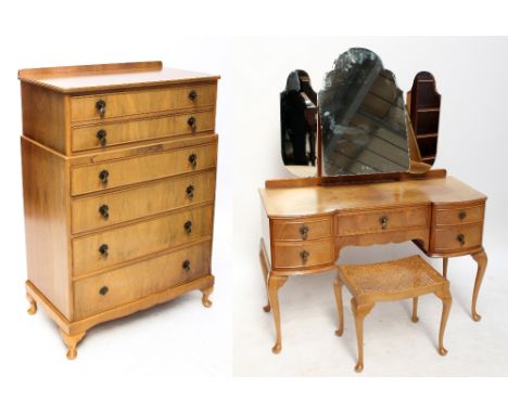 A reproduction walnut six drawer chest, 126 x 83cm, with matching five drawer kneehole dressing table and stool (3).