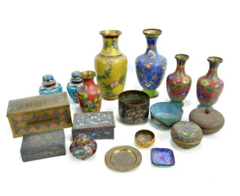 A small collection of various Chinese floral cloisonné enamel decorated items, including a pair of jars with covers, height 1