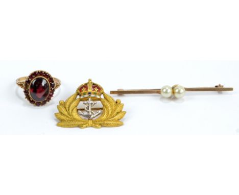 A 9ct yellow gold and enamel decorated naval sweetheart brooch, width 3cm, approx 5.9g, a 9ct yellow gold bar brooch and a 9c