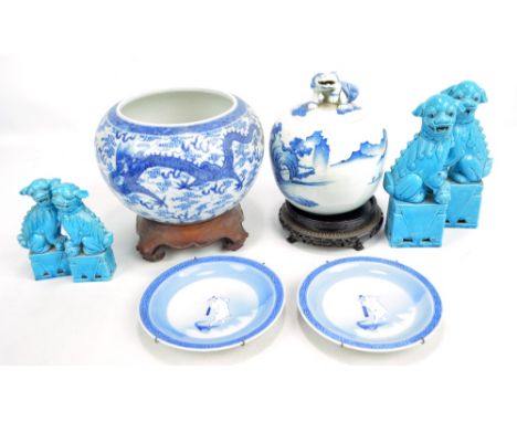 A group of various Chinese porcelain items including a late 19th/early 20th century squat globular jardinière painted in unde