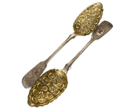 Cased Pair of Glasgow Silver Berry Spoons. 152 g. Glasgow 1834, John Mitchell. Bright cut decoration to terminal with monogra