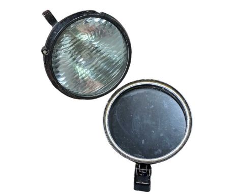 Vintage Metal Stage or Set Light with Cover. Lockable black glass cover, large screw mounts, stamped MANUFR. GEW 68 SERIAL 16