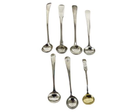 7x Georgian Mustard SpoonsSilver mustard spoon 1802 fiddle patternSilver mustard spoon 1795Silver mustard spoon 1817Silver mu