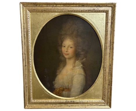 Coloured Print of a portrait of a Princess of Mecklenburg-Strelitz by Tischbein. 23carat gilded frame. c/w an antique burr ma