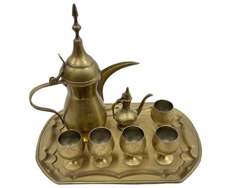 Brass Persian Ewer with Tray and 6 cups alongside a miniature Persian ewer