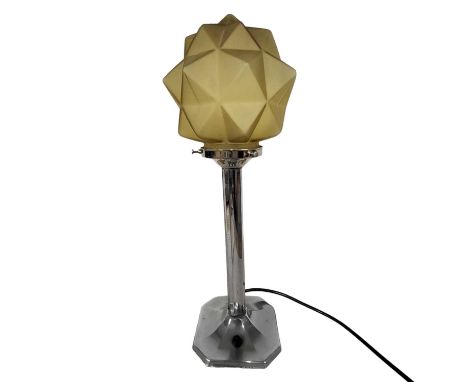 Art Deco Chrome Lamp with Glass Lamp Shade Has been re-wired in the past.