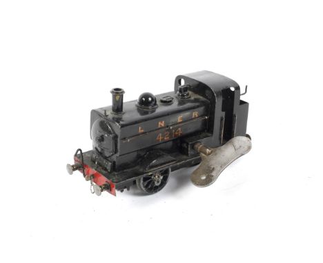 0 gauge LNER 0-4-0 4214 tank engine. Scratch built, with clockwork mechanism and key, very good finish, missing rear wheels.