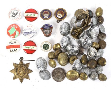 An assortment of railway buttons and badges. Including GWR, British Railways, 'Workers of the World' enamel badge, etc. Condi