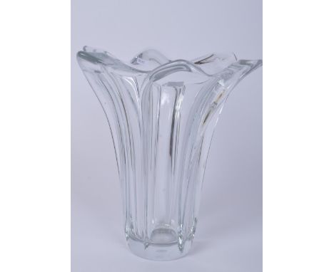 A large vintage 20th century glass vase with strapped effect to body and tulip style rim. Stamped to base. Measures 32cm tall