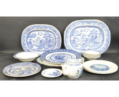 An assortment of 19th century &amp; later blue &amp; white ceramic items to include Bristol Poutney tea pot with oriental dec