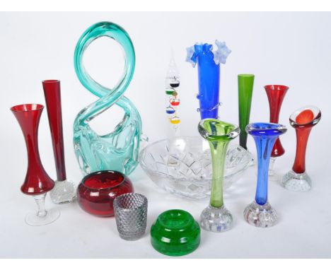 A collection of vintage 20th Century studio art glass. Comprising of stem vases, centrepiece bowl, glass temperature gauge, s