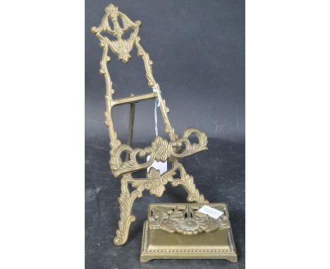 A vintage 20th century brass rococo manner photo easel and brass trinket box. Both having rocaille type decoration. Measures 