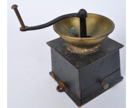 An early 20th century Kenrick &amp; Son cast iron &amp; brass coffee grinder. The grinder missing the wooden holding handle &