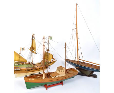 A collection of three vintage 20th century scratch built model boats to include 'Amalfi' and 'The Golden Hinde' alongside ano