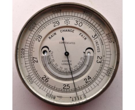 An Edwardian early 20th century Asprey, London compensated pocket barometer in metal body. The barometer measuring approx. 5c