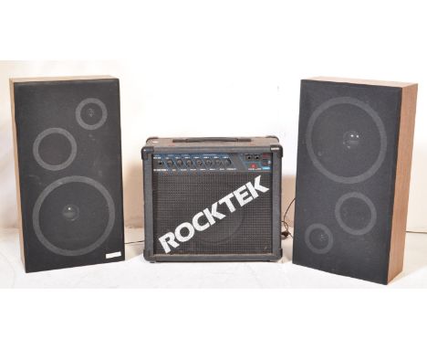 A Rocktek RK 20 amplifier in a rectangular ebonised case with a black mesh front with logo, serial number: 930160037. Togethe