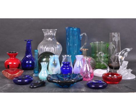 A large collection of vintage retro mid 20th century glass to include a Bristol Blue baluster vase, a Whitefriars 9099 red bu