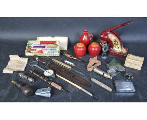 An assortment of 19th century and later curios to include a collection of wax seals, a turned wood intaglio stamp, a J. Hudso